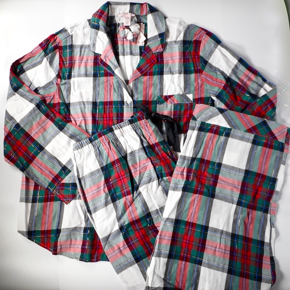 NWT Victoria Secret Flannel Pajama Set XXL 3pc Lounge White Red Green Plaid - Picture 2 of 12
